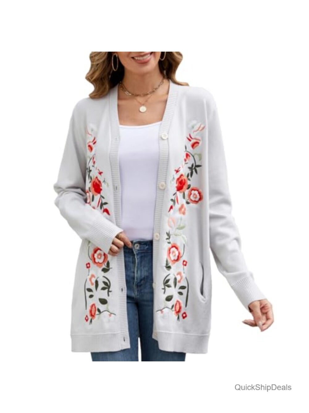Oversized Open Front Cardigan Floral Embroidery Button Down Knit